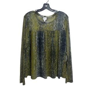 Peyton Jensen Mesh Lined Pullover Top L Long Sleeve Green Lined Snake Print Boho